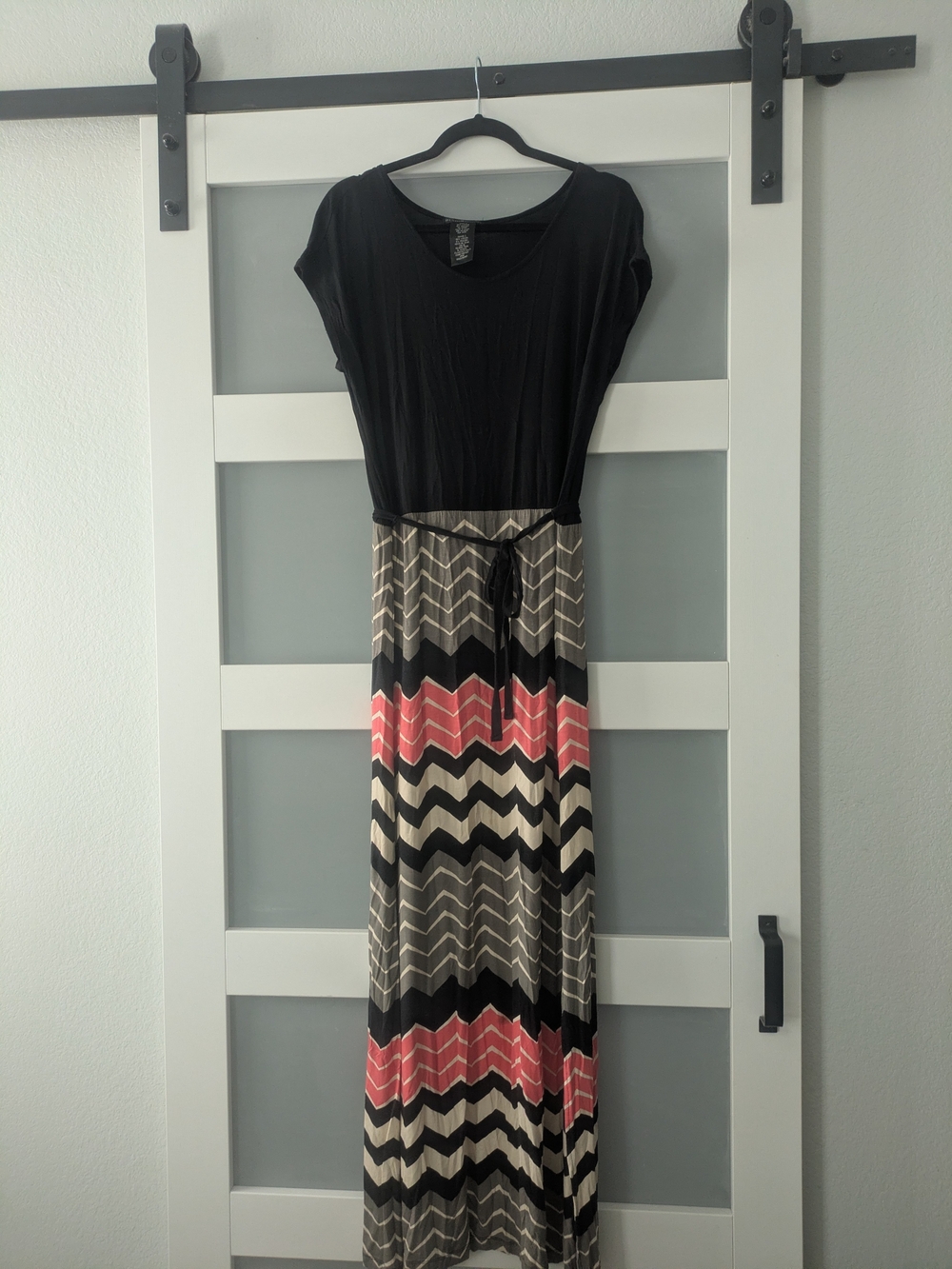 Design History Black Top Maxi Dress with Coral & Cream Chevron Skirt